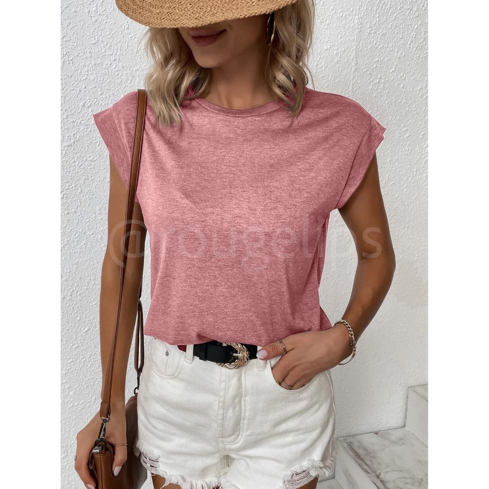 Pink Crew Neck Muscle Tee Top Shirt Cap Sleeve, Round Neck - Picture 5 of 8